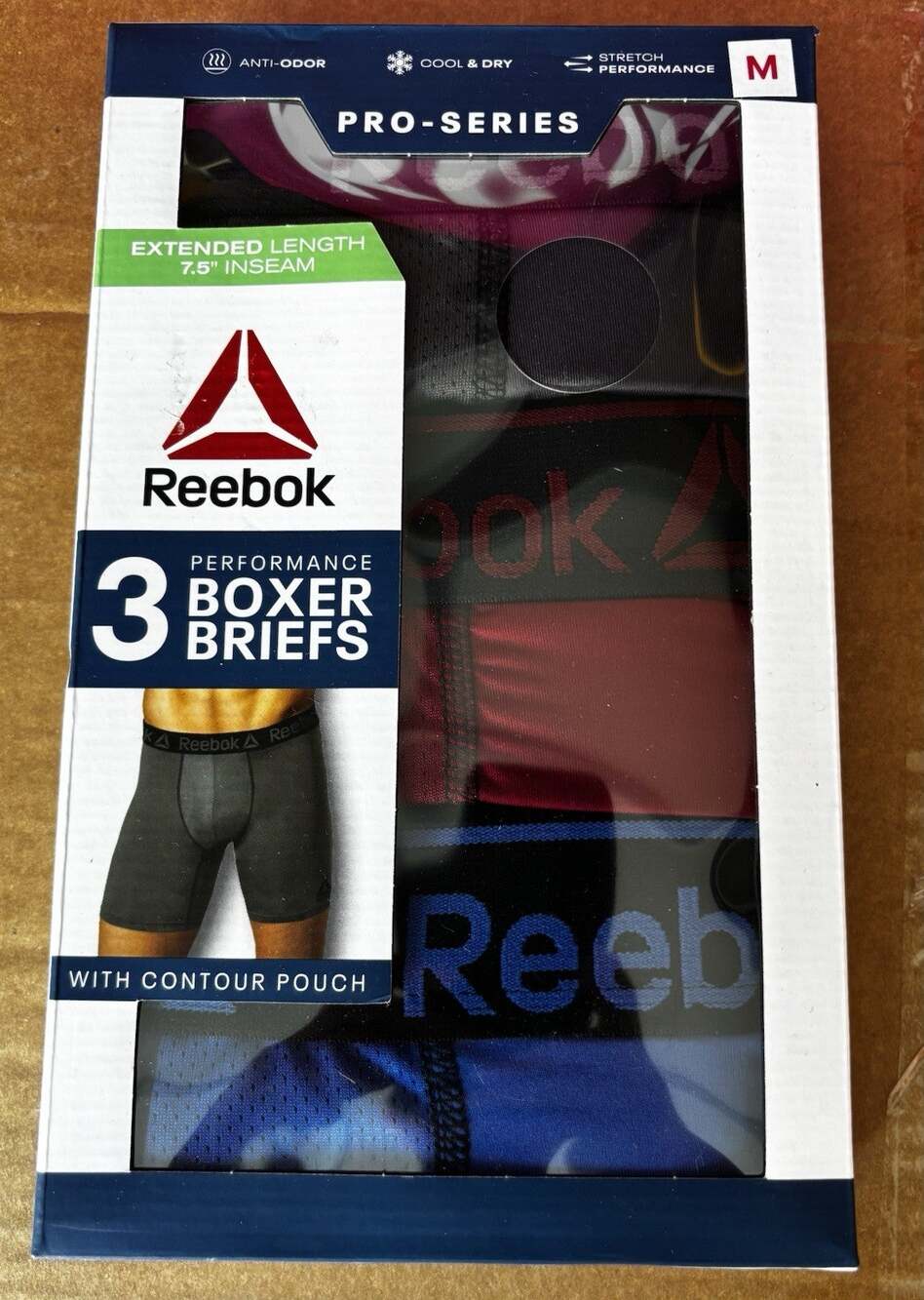 Reebok Mens 3 Pack M Performance Extended Length Boxer Briefs - 7.5 Inseam